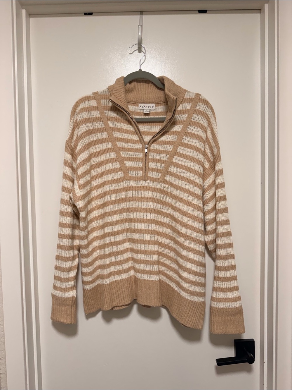 Ava & Viv Beige and Cream Striped Half-Zip Turtleneck Sweater